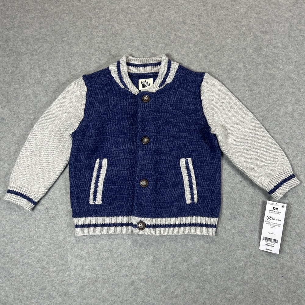 Baby Bgosh 12M Blue Cardigan Sweater Button Up Bomber Varsity Long Sleeve